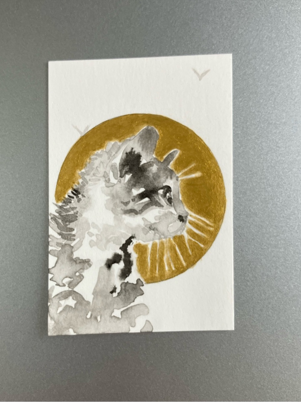 ORIGINAL kitten painting cat art miniature realism sumi-e gold accents USA